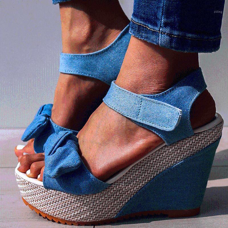 

Women's 2020 High Heels Sweet Bow Denim Leisure Platform Wedges Sandals Summer Shoes1, Blue