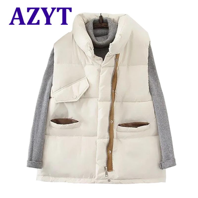 

AZYT Winter Women Sleeveless Jacket 2021 Fashion Thicken Cotton Down Vest Windproof Warm Waistcoat For Women, Beige