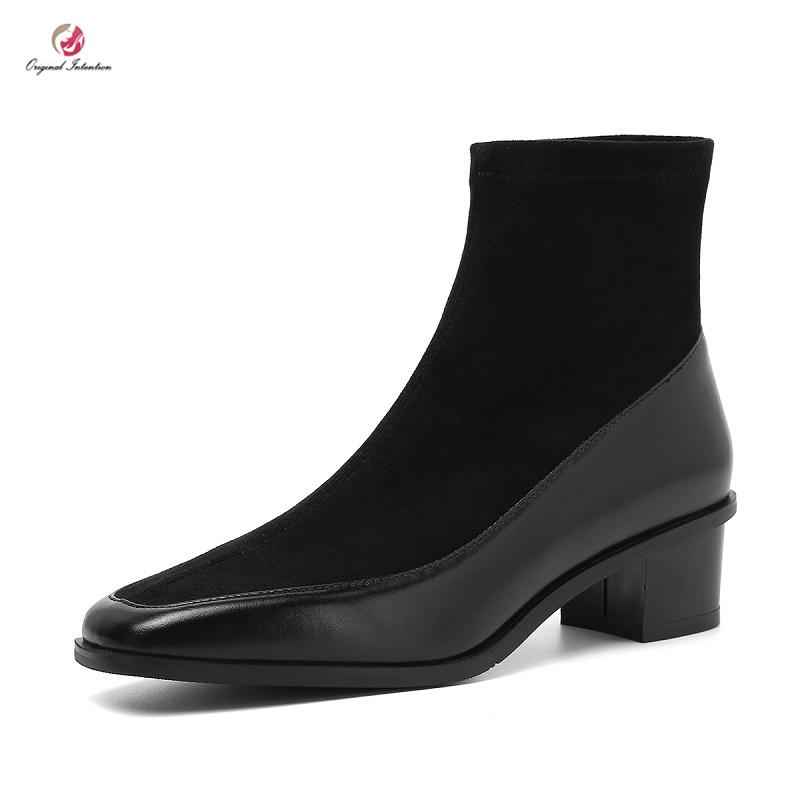 

Original Intention Stylish Ankle Boots Woman Leather Patchwork Flock Mid Square Heels Square Toe Black Nude Shoe Woman Plus Size