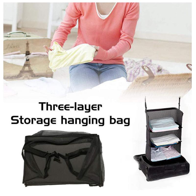 

3 Layers Portable Travel Storage Bag Hook Hanging Organizer Wardrobe Clothes Storage Rack Holder Travel Suitcase Shelves Black, Regular version