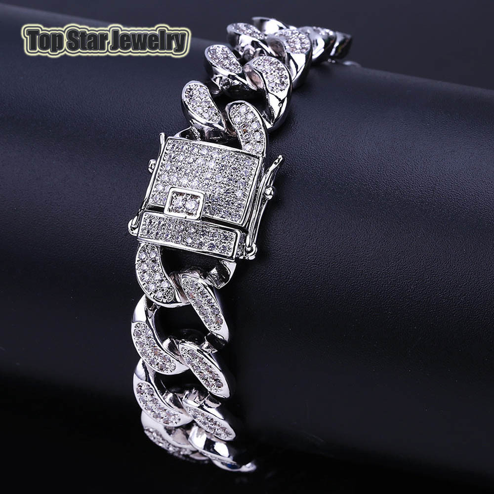 

Copper Micro-inserts White Diamond MIAMI CUBAN LINK Bracelets Mens Hip Hop Bling Iced Out Chains With Jewelry Box, Black