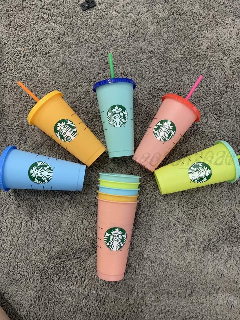 

5pcs 24OZ/710ML Color Change Tumblers Plastic Drinking Juice With Lip And Straw Magic Coffee Mug Costom Starbucks color changing plastic cup, As picture