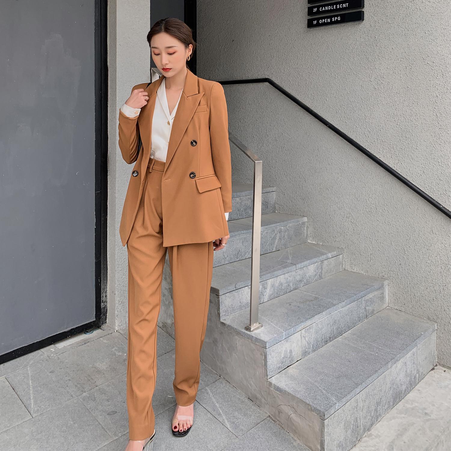 

2021 New Will Spring Fashion Leisure Suits Female Temperament Show Thin of Tall Waist Wide-legged Pants Suit 5ffn, Camel
