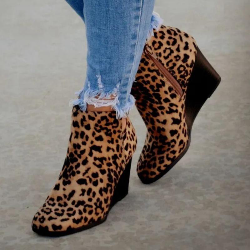 

RIBETRINI New Arrivals Wedges High Heels Chic winter boots Boots Women Big Size 43 Vintage Leopard Ankle Boot Female, Khaki