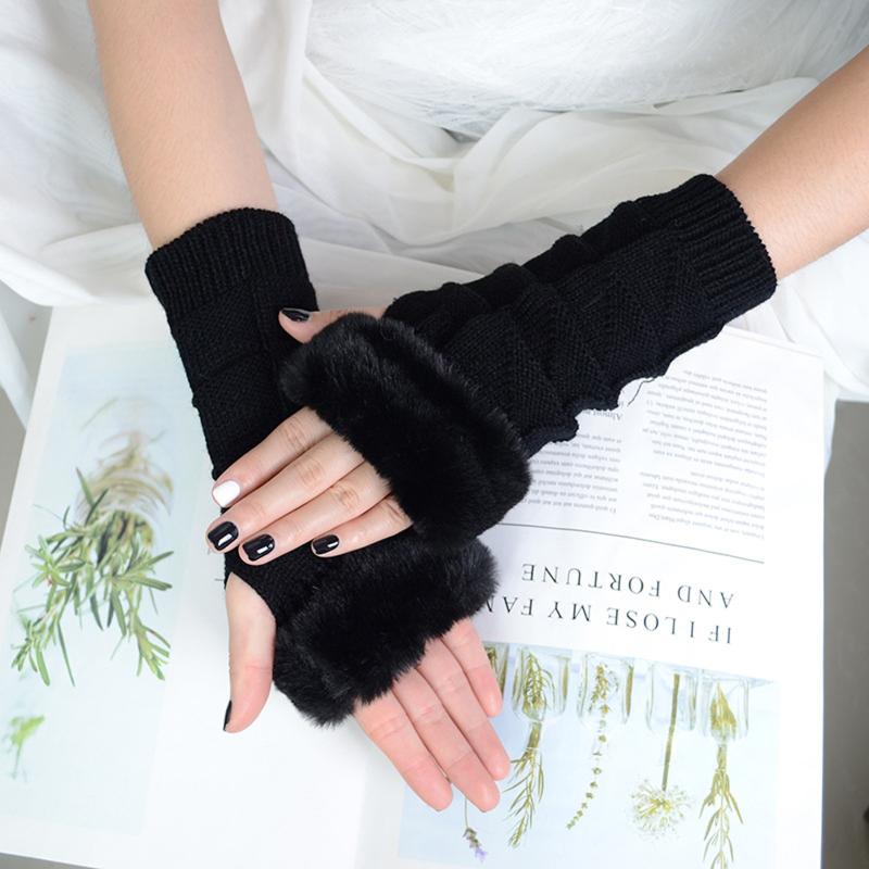 

Women Solid Color Frayed Warm Typing Elastic Half-Finger Gloves