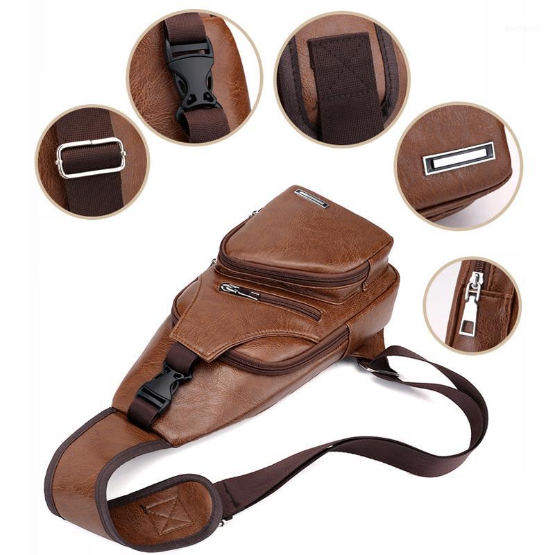 

New Men Sport Chest Bag Vintage PU Zipper Open Crossbody Bag with Earphone Holes Drop Shipping1, Beige