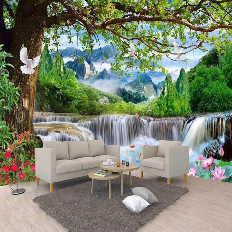 

Custom Wall Mural Green Big Tree Forest Waterfall Nature Landscape 3D Poster Photo Wallpaper For Bedroom Living Room Background1, As pic