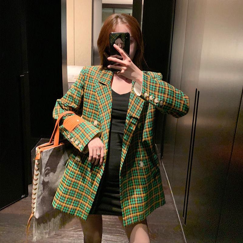 

Autumn Women Vintage Green Plaid Fashion Casual Suit Coat Female Japan Korean Streetwear Blazer Jacket Double Breasted Outerwear