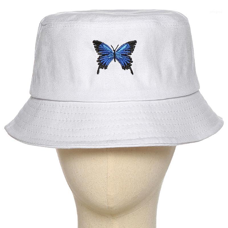 

Wide Brim Hats #H30 2021 Butterfly Embroidery Bucket Hat Men Women Hip Hop Fishing Cap Adult Summer Couple Flat Cotton1, White