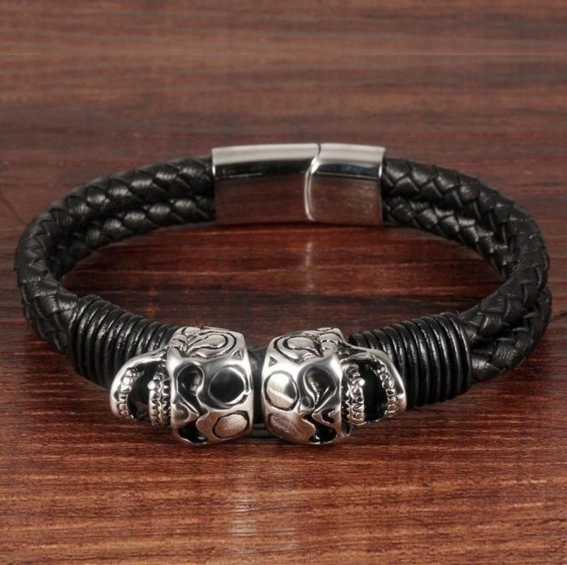 

Stainless Steel Braided Punk Men Leather Skull Charm Bracelet