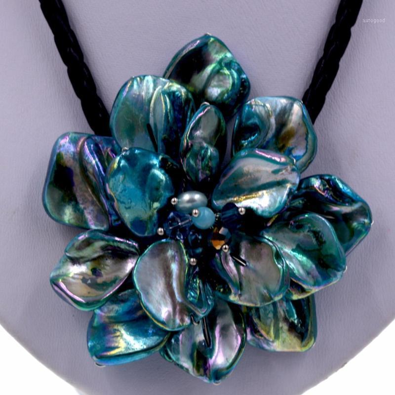 

Chokers Baroque Blue Shell Flower & Pearl Pendant Black Rope 18'' Necklace 11 Color U Pick1