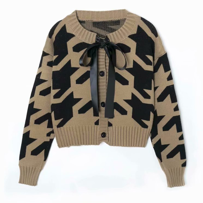 

2021 New Autumn Winter Women Bow Knitted Cardigan Sweaters Printed Single Breasted Warm Long Sleeve Vintage Lady Sweater 9fba