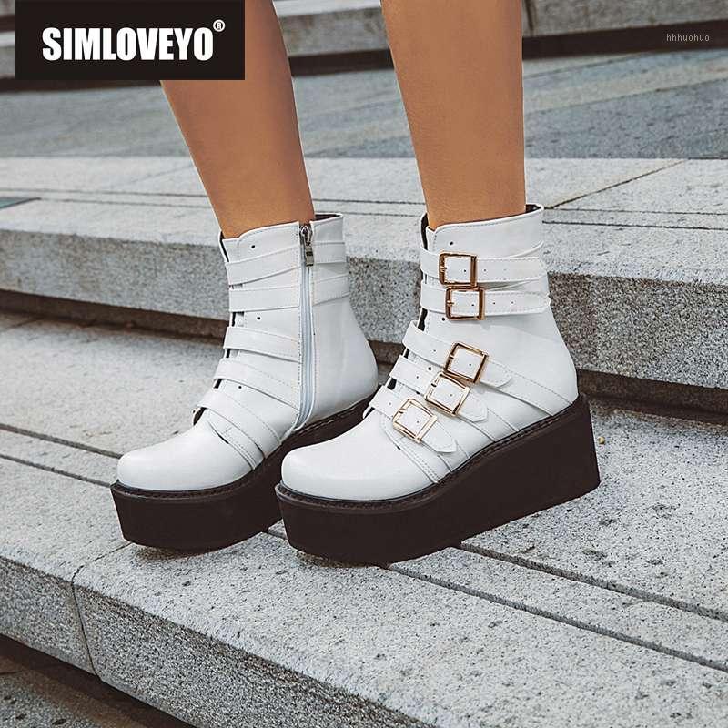 

SIMLOVEYO buckle motorcycle ankle boots women punk wedge high heels riding Gothic bootiesfootwear large size 33-43 zapatos mujer1, Black