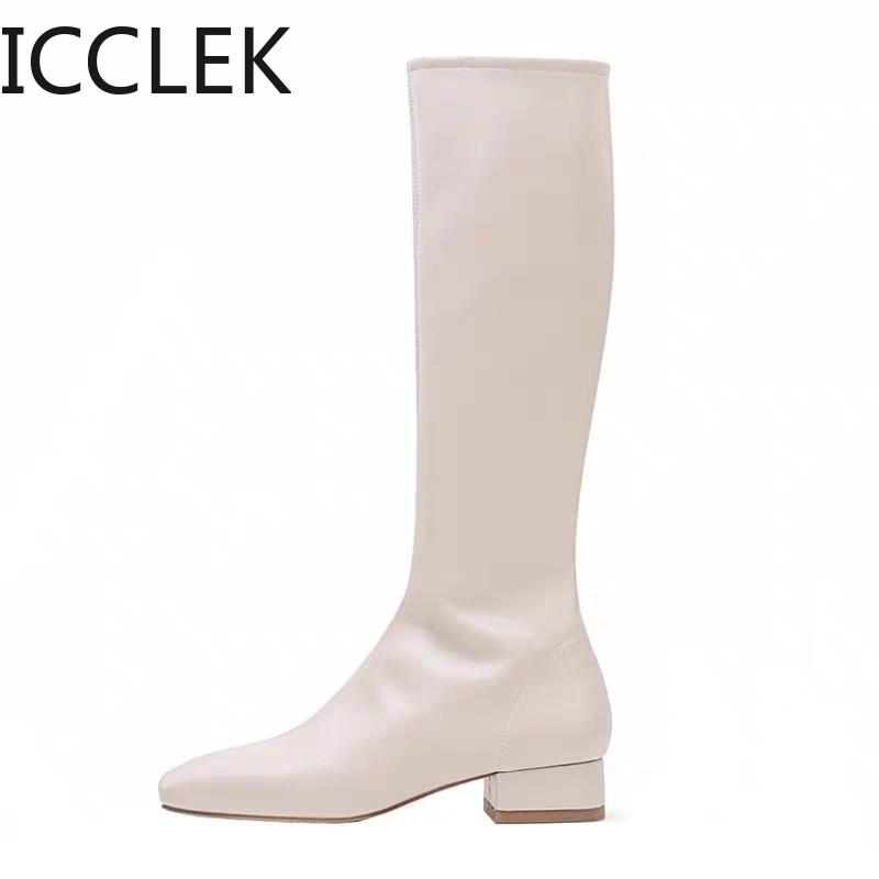 

2020 Fashion Women Black Block High Heels Long Boots New Winter Warm Knee High Boots Soft Leather Thigh Shoes