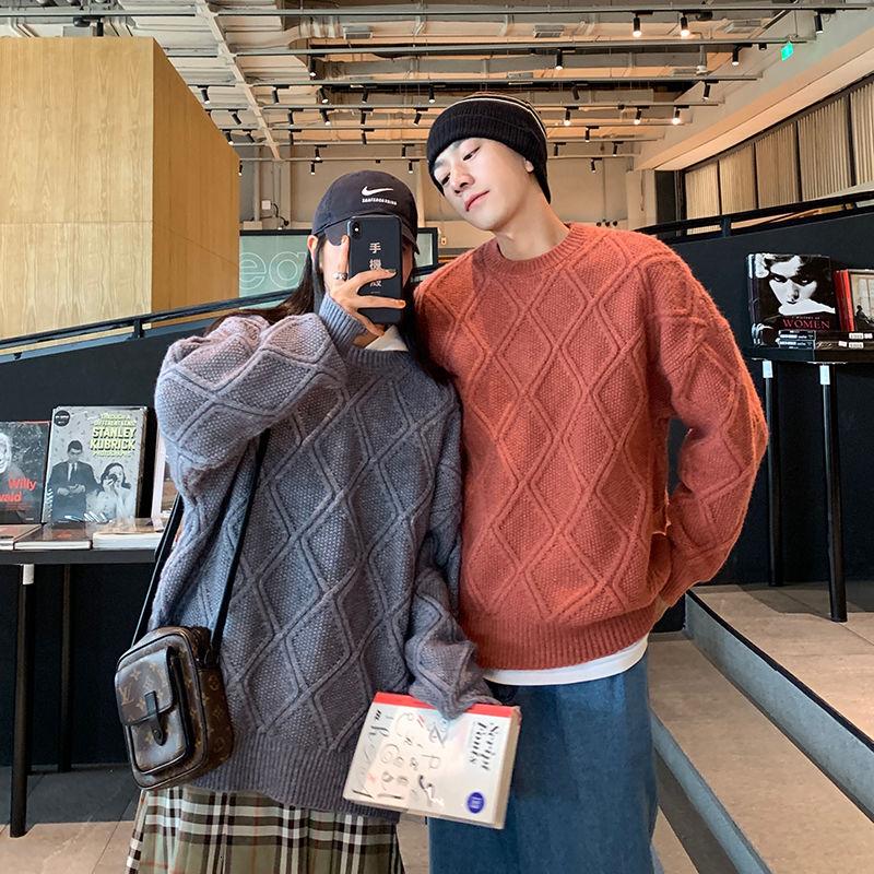 

Winter Plaid Sweater Men's Warm Fashion Retro Casual Knitted Pullover Men Clothes Streetwear Korean Loose Couple Sweater -2XL, Black