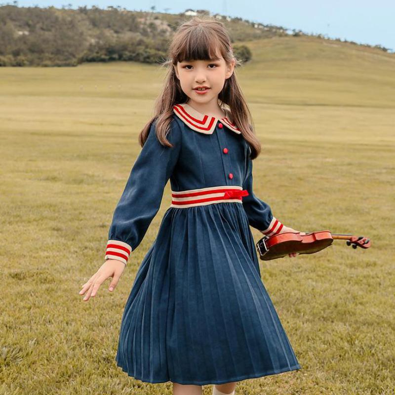 

Sweet Princess Dress For 5-14y Girl Long Sleeve Turn Down Collar Mid Length Ball Gowns Teen Girls Wedding Birthday Party Dresses, Blue