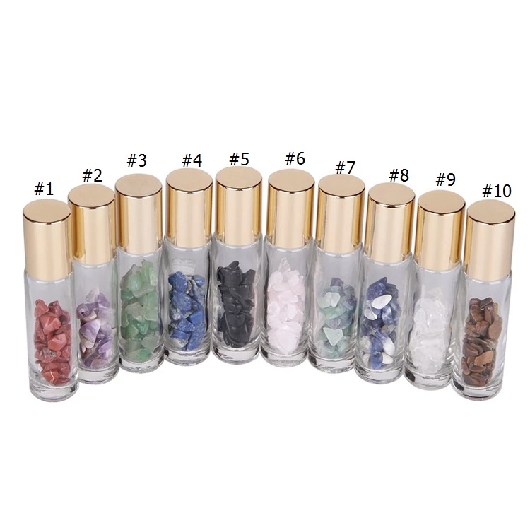 

10ml Gemstone Roller Bottles Refillable Roll On Bottles with Golden Lids Healing Crystal Chips Inside for Perfumes