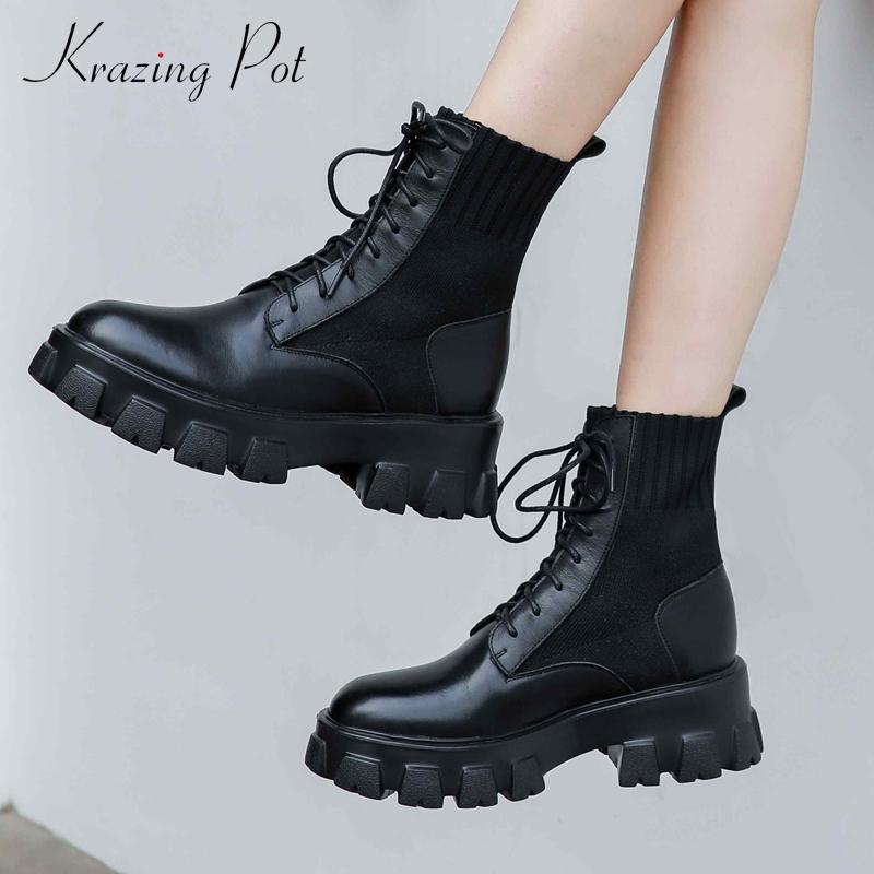 

Krazing Pot knitting boots real cow leather patchwork platform round toe thick high heel lace up maiden preppy ankle boots L82, Black