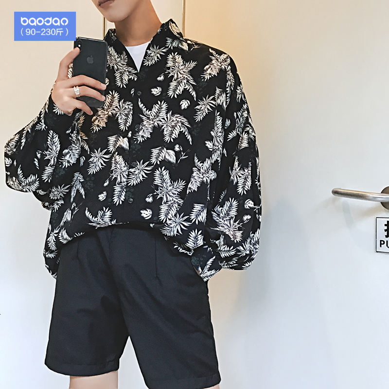 

2021 New Autumn and Winter Harbor Floral Wind Long Male Big Fat Shirt Loose Versatile Top LW31, Black