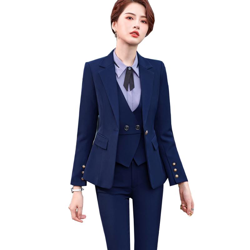 

8XL 3 Pieces Set Women Vest Blazer Jacket and Pant Suit for Office Ladies Blue Black Formal Business Work Career Wear Clothes, Blue 3 pieces suit