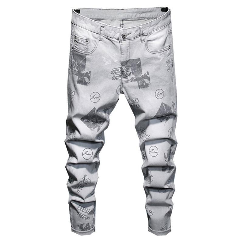 

Men's Letters Printed Gray Stretch Denim Jeans Fashion Pencil Pants Trousers