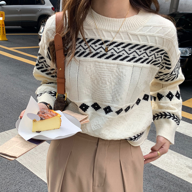 

New Short 2021 Jacquard Women's Pullover Winter-style Nightgown Vintage Striped F6ro O2AU, Khaki.