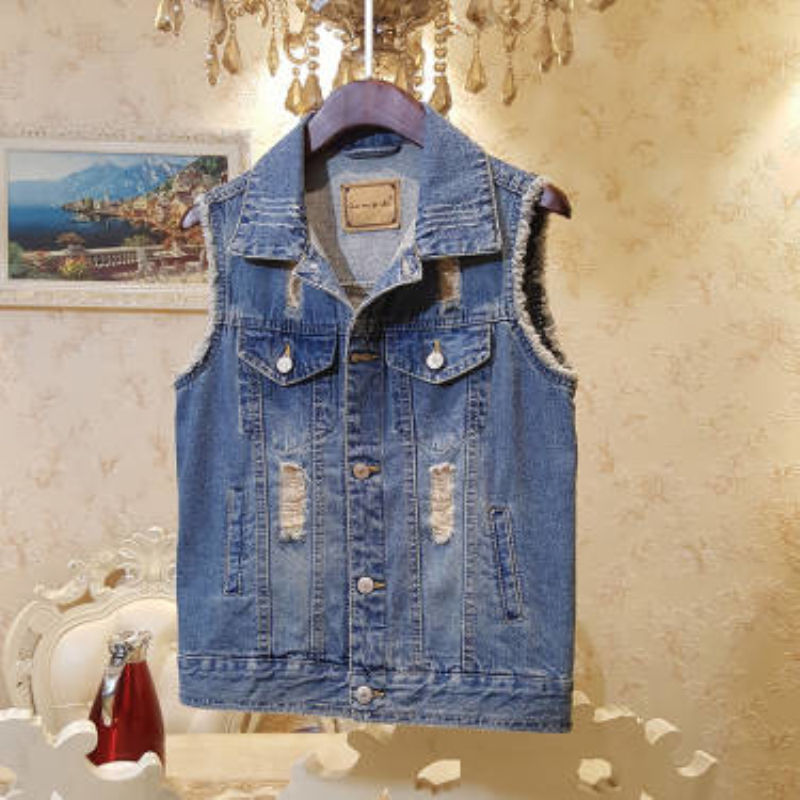 

New Spring Denim Vest Women's Coat Vintage Single-breasted Sleeveless Short Casual Jeans Jackets Coats Waistcoat, Black;brown