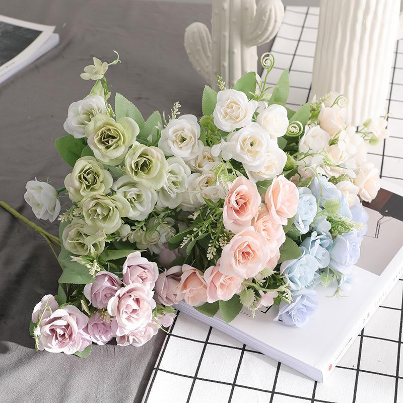 

1pcs artificial rose flower high quality bouquet 5 fork 10 head happy rose leaf ornament Christmas family wedding decoration1