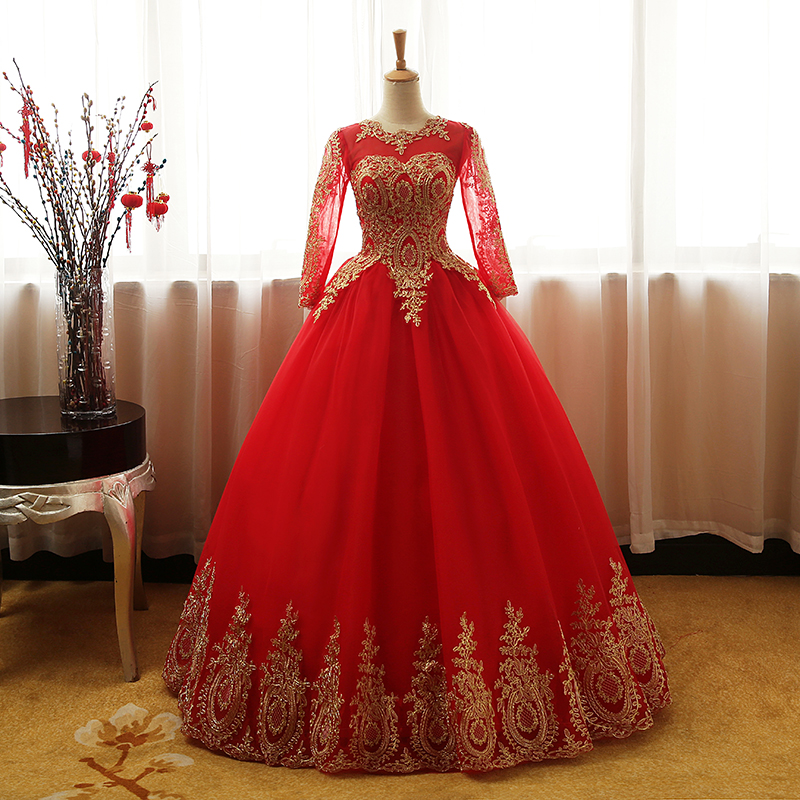

2021 New Princess Gold Appliques Red Ball Gown Quinceanera Dresses Long Sleeve Sweet 16 Dress Debutante Prom Party Dress Custom Made 010, Same as picture