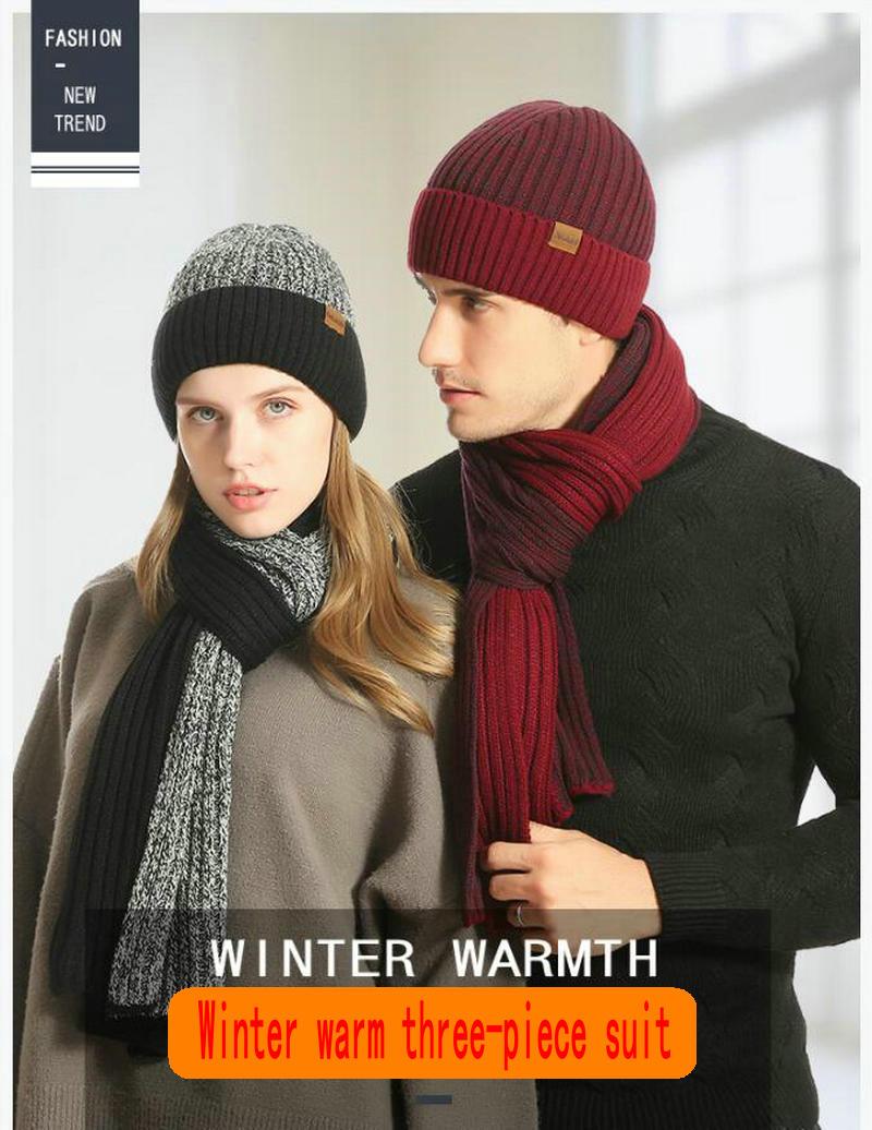 

Autumn and winter knitted double-sided color matching scarf padded scarf, hat and gloves three-piece set