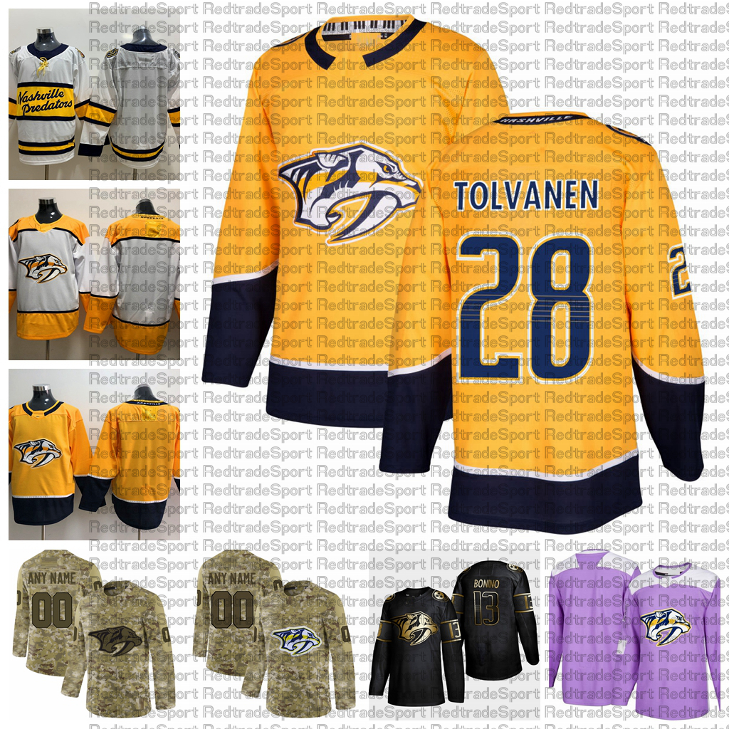 

2021 Customize #28 Eeli Tolvanen Nashville Predators Jerseys Golden Edition Camo Veterans Day Fights Cancer Custom Stitched Hockey Jerseys, White