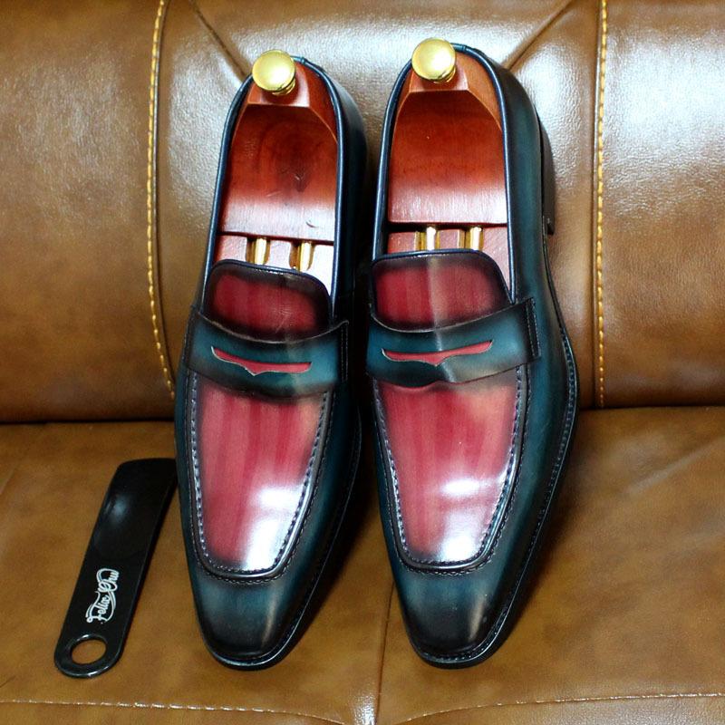 

Mens Loafers Genuine Leather Formal Wedding Shoes Handmade Cowhide Pointed Toe Business Casual Dress Shoes Big Size 45 46 47 48, Red blue