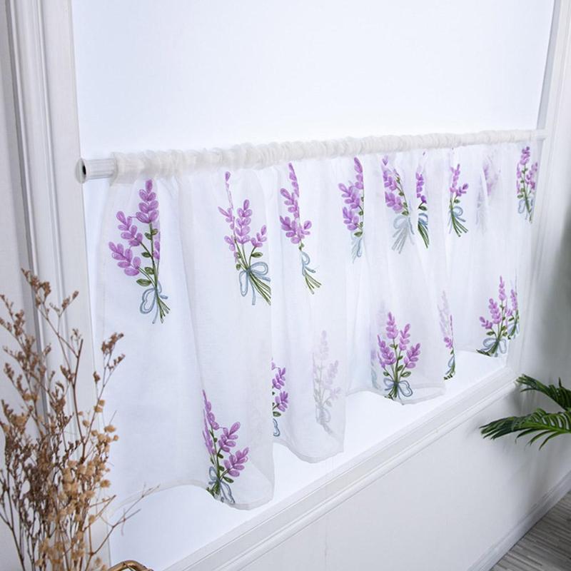 

Flower Embroidery Short Curtain Pastoral Shade Kitchen Curtains Half Curtain Short Panel Drapes 100*50CM, Purple