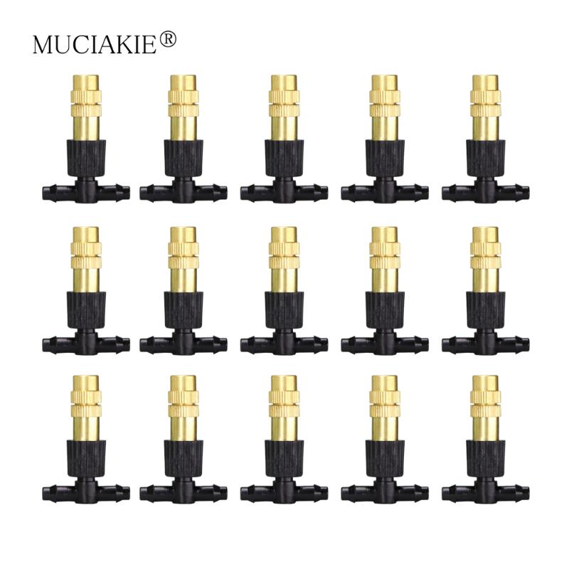 

MUCIAKIE 20/50/100/200PCS Copper Misting Nozzle 1/4'' Barb Tee Connector Adjustable Brass Mist Spray Atomizer Watering Garden, 15pcs