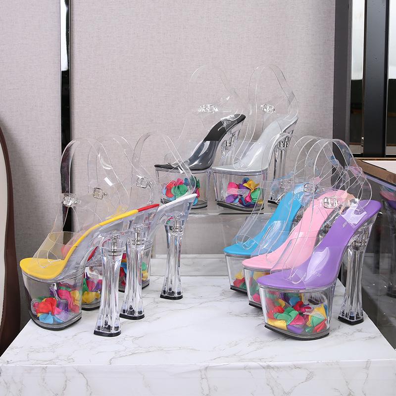 

Summer Transparent Platform Chunky Heels Pumps 18CM Women's Super-high Heel Sandals Sexy Peep-toe Party Ladies High Heel, Light blue