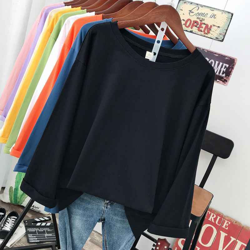 

women's extra large size 240g high quality Long sleeve T-shirt round neck loose Casual Pure cotton Unisex Lovers Clothes 201125, Gold