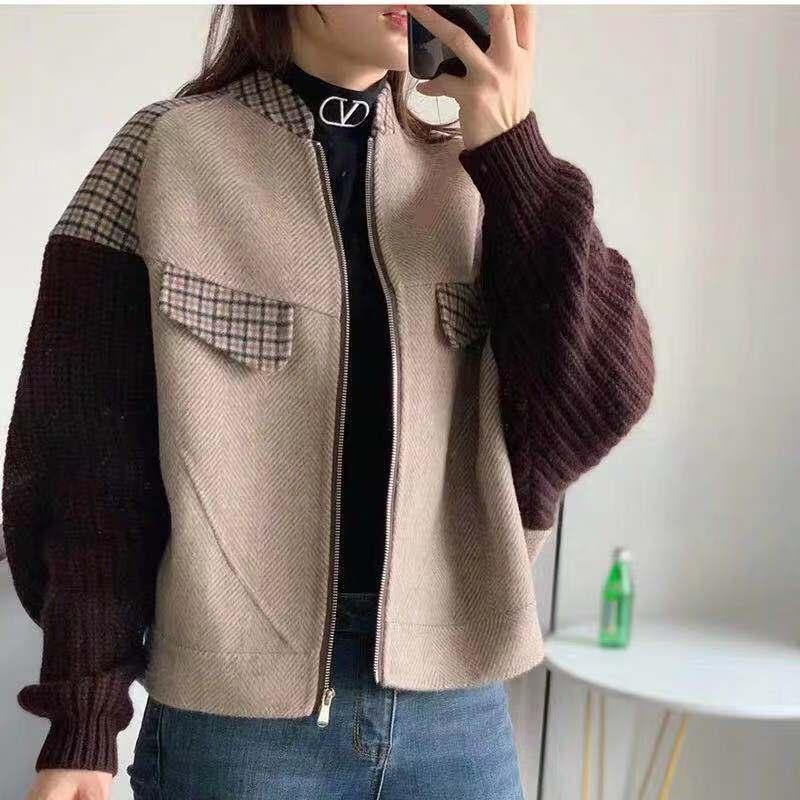 

Winter New Style European Fashion Loose Short Stitching Retro Woolen Jacket Knitted Sleeves Plud Size -3XL Wool Coat, Brown