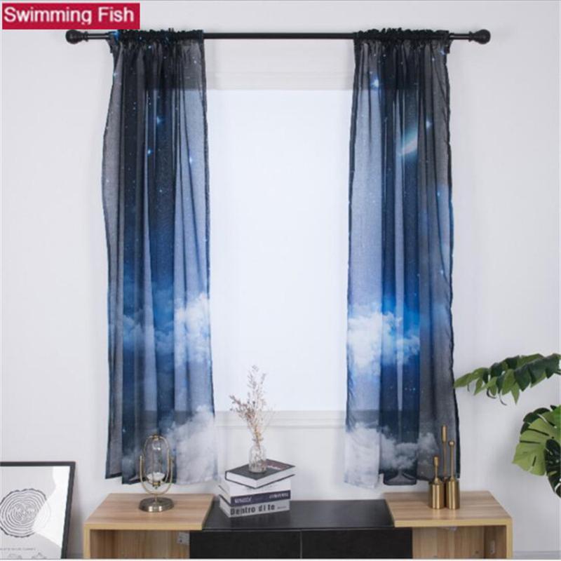 

1pair voile curtain window screening sheer door curtain,Digital print blue sky white clouds pattern curtains for bedroom, As pic