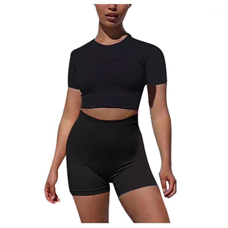 

gym set women Sexy Solid Yoga Sports Fitness Set Elastic Crop Tops+Shorts Fitness Shorts Running Gym Sports Clothes Suit1, Black