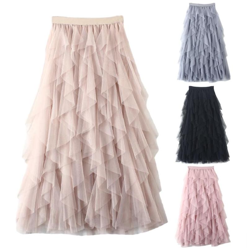 

Casual Women Autumn Solid Color High Waist Elastic Mesh Ruffled Long Tulle Skirt, Black