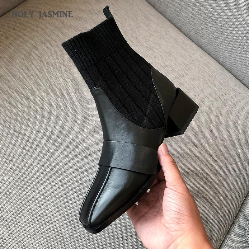 

Genuine Leather Ankle Boots for Women Autumn/Winter Short Plush Wool and Cow Leather Women Boots Square Heel Med (3cm-5cm) TPR1, Navy blue