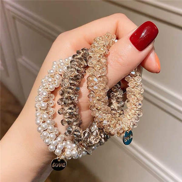 

Crystal Hair Scrunchies Fashion Beaded Bracelet Hair Ties Hair Bands Ropes Ponytail Holder for Women Girls, Golden;silver