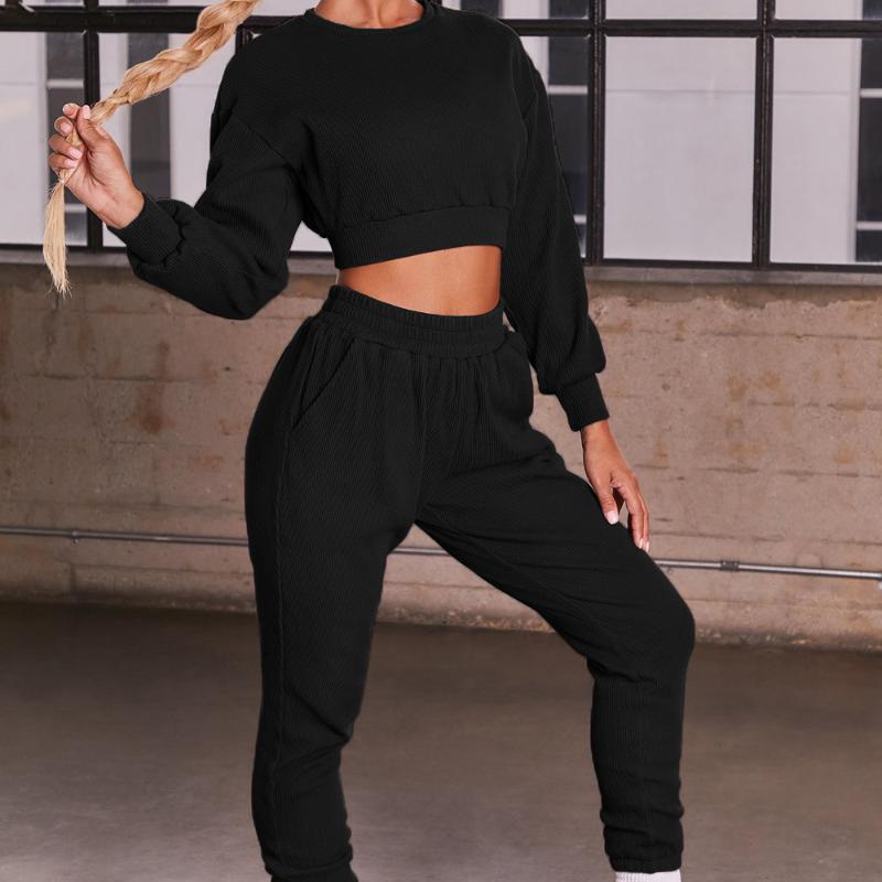 

Fitness Yoga Set 2 Piece Loose Long Sleeve Top Sports Leggings Pants Cotton Gym Clothing Women' Tracksuit Winter Sportswear L, Black
