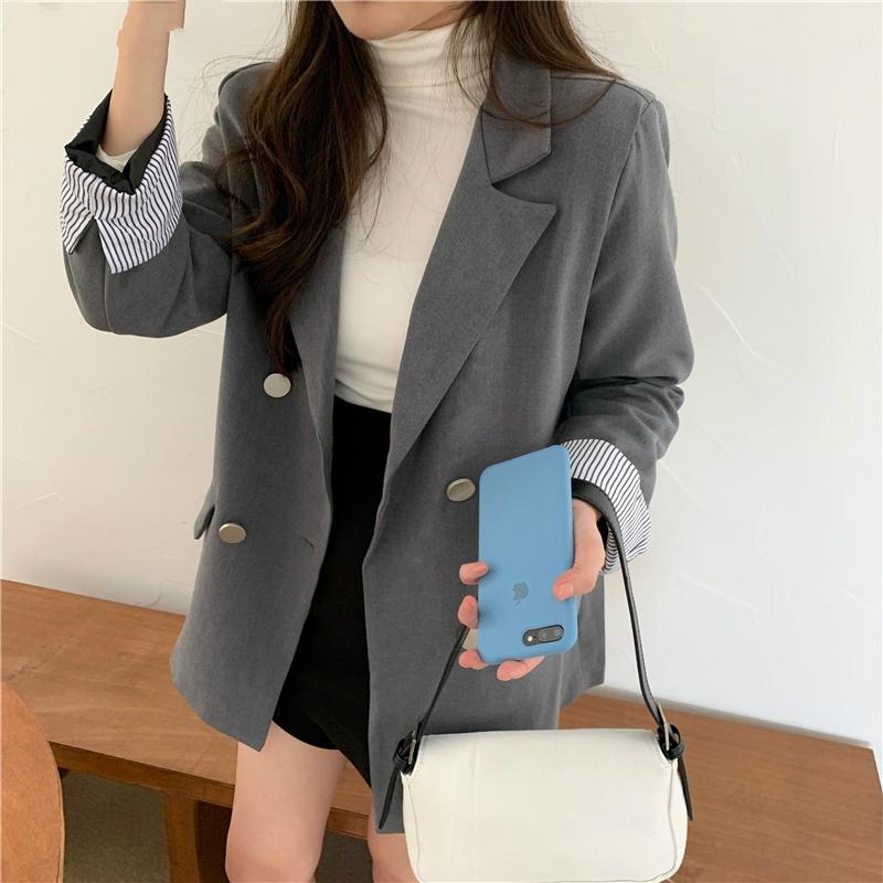 

BornSra 2020 Spring Blaser Office Ladies Blazer Jackets Double-breasted Women Suit Jackets Loose Pockets Female Blazers Femme, Black