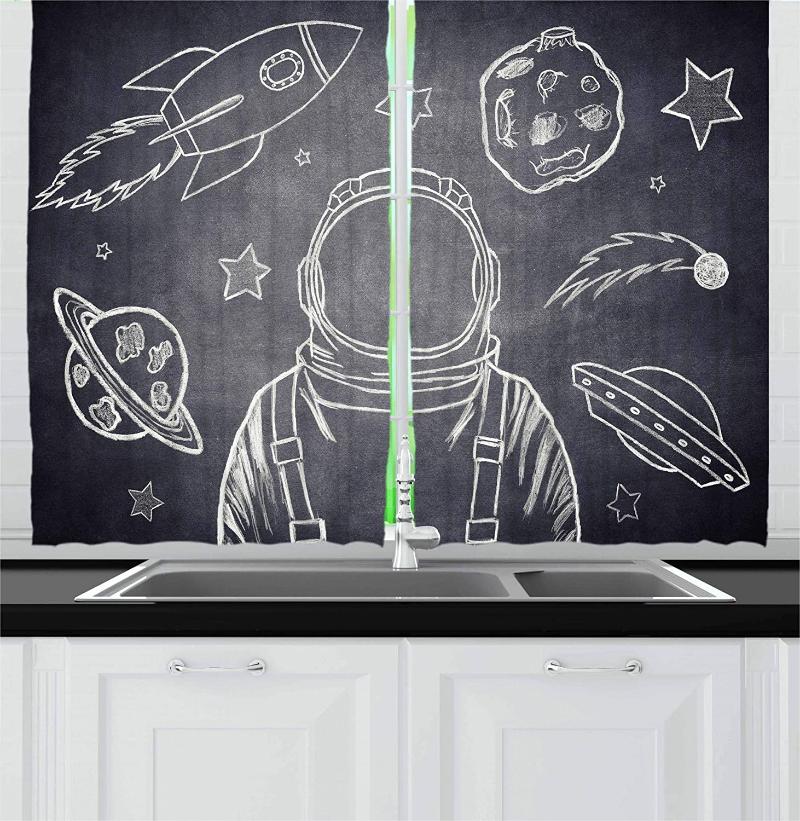 

Modern Kitchen Curtains Space Backdrop with Planets and Sketchy Astronaut Asteroid Galaxy Image Window Curtain for Kitchen Cafe, As pic
