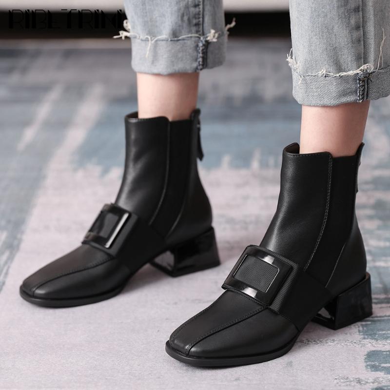 

RIBETRINI Brand New Big Size 43 Genuine Leather Buckle Chunky Heels Office Lady Ankle Boots Fashion Winter Shoes Boots Women, Black