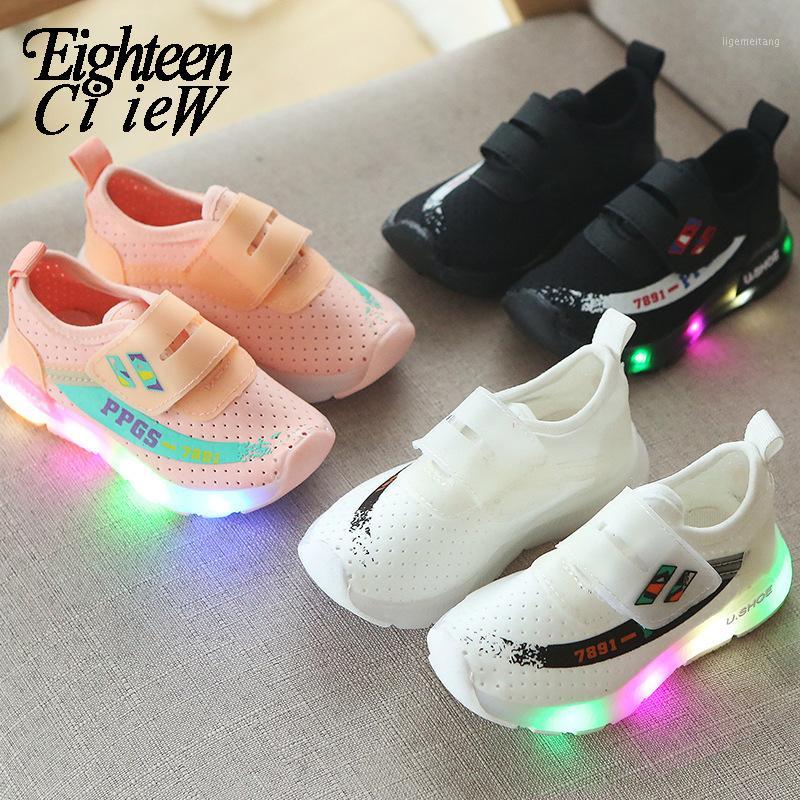

New Children's Sports Shoes Boys Girls Laces Light Mesh Casual Sneakers Kids Stretch Cloth Breathable LED Flash Light Footwear1, Black