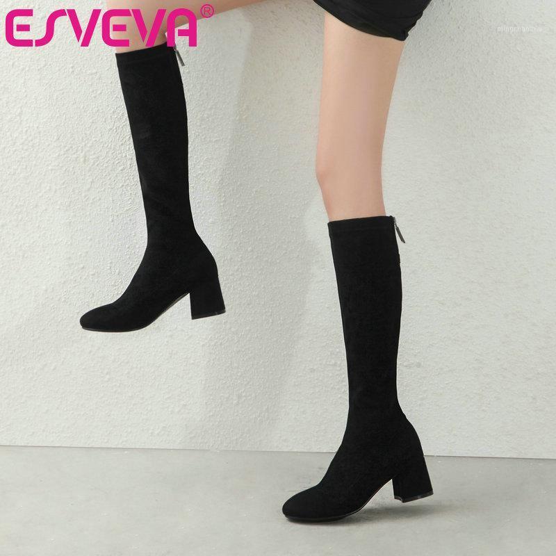 

ESVEVA 2021 Round Toe PU+Flock Classic Fashion Square Med Heel Knee High Boots Black Platform Women Boots Slip On Big Size 34-431, Black long-hh