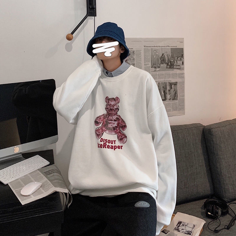

2021 New Men's Thickened Warm Sweatshirts Woman Cartoon Bear Graphic Printed Hoodie Male Casual Oversize Pullovers Clothing H2h8, White