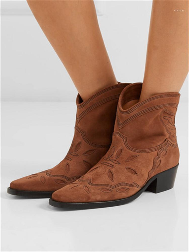 

Femmes Bottes Suede Tan Short Ankle Boots For Woman Leather Punk Cowboy Boots Square Toe Chunky Med Heels Shoes Winter Female1, As picture